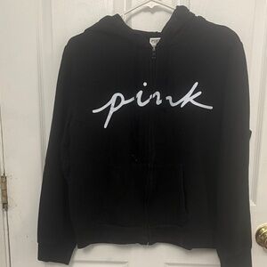 VS Pink | Black Zip-up Hoodie with Pink Script Logo